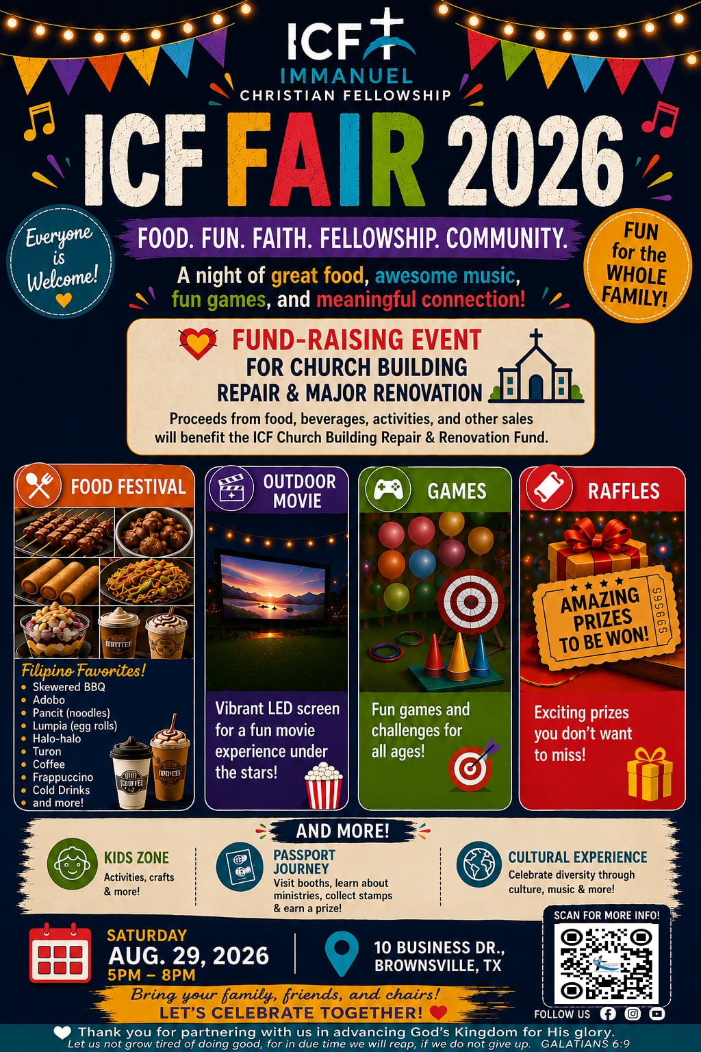 ICF Fair 2026 flyer: food, an outdoor movie, games, and raffles, Saturday August 29 2026, 5&ndash;8 PM at 10 Business Dr, Brownsville, TX &mdash; a fund-raising event for the Church Building Repair & Renovation Fund.